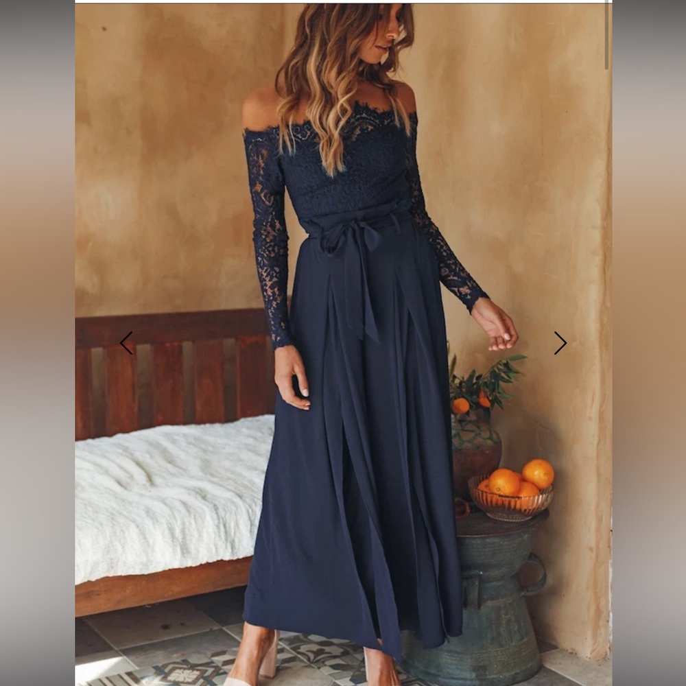 NWT Hello Molly Things Work Out Navy jumpsuit with lace off the shoulder